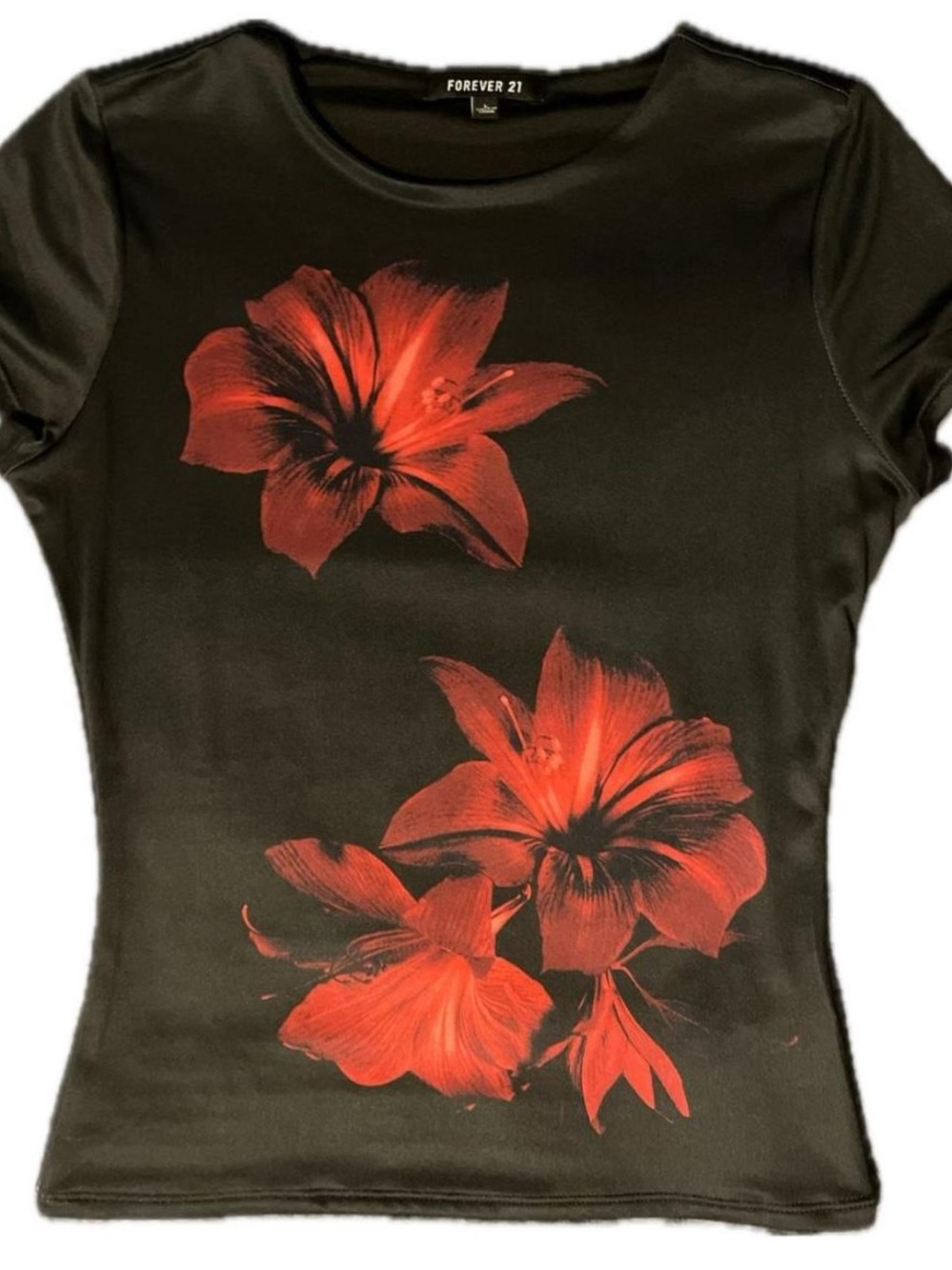 Forever 21 Black Short-Sleeve Tee with Red Floral Design